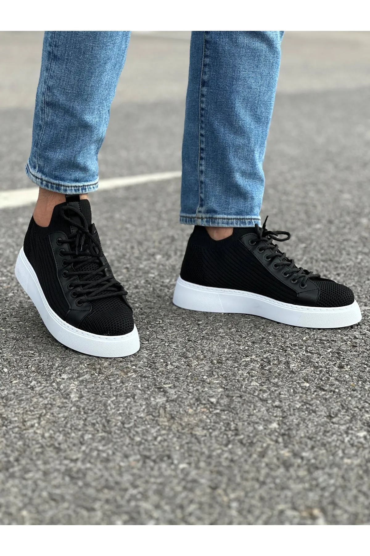 Boy Uzatan Gizli Topuklu Siyah Beyaz Triko Erkek Spor Ayakkabı GT044