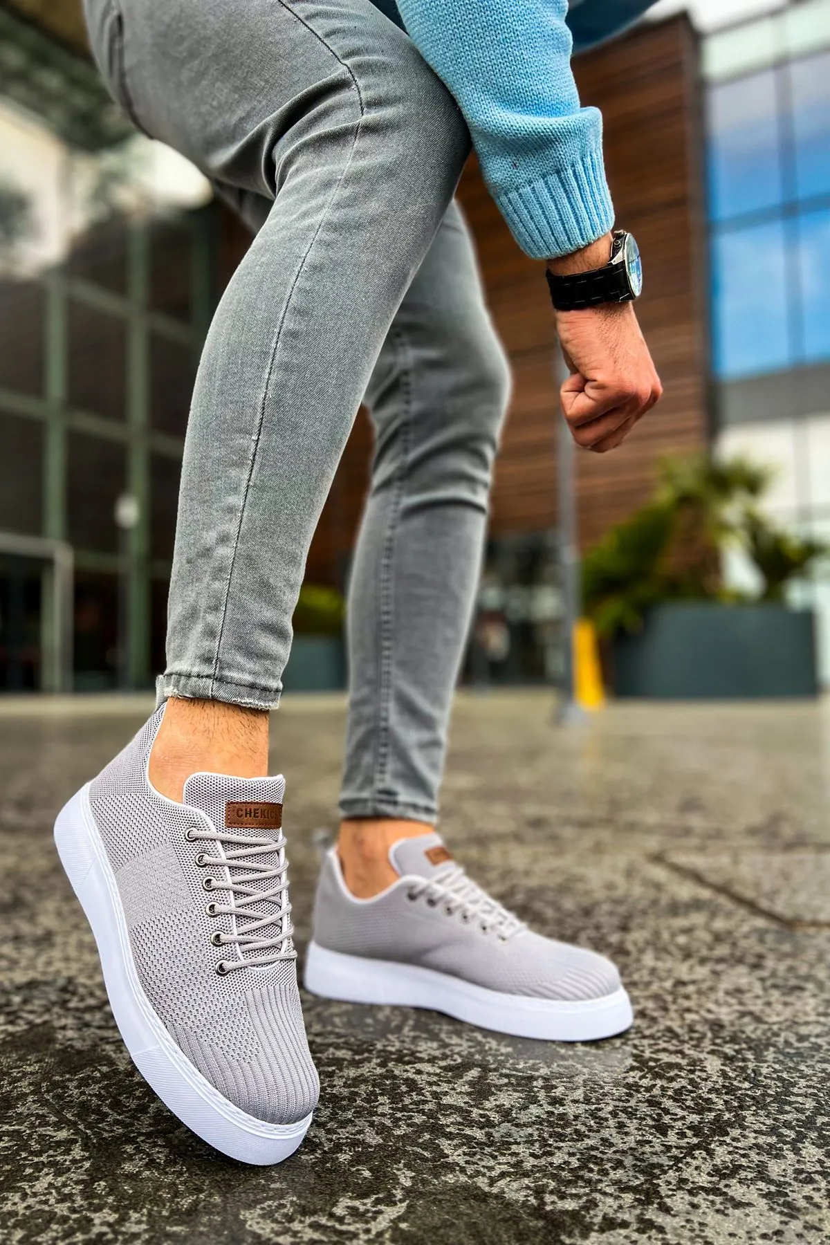 Boy Uzatan Gizli Topuklu Gri Triko Erkek Spor Ayakkabı GT047